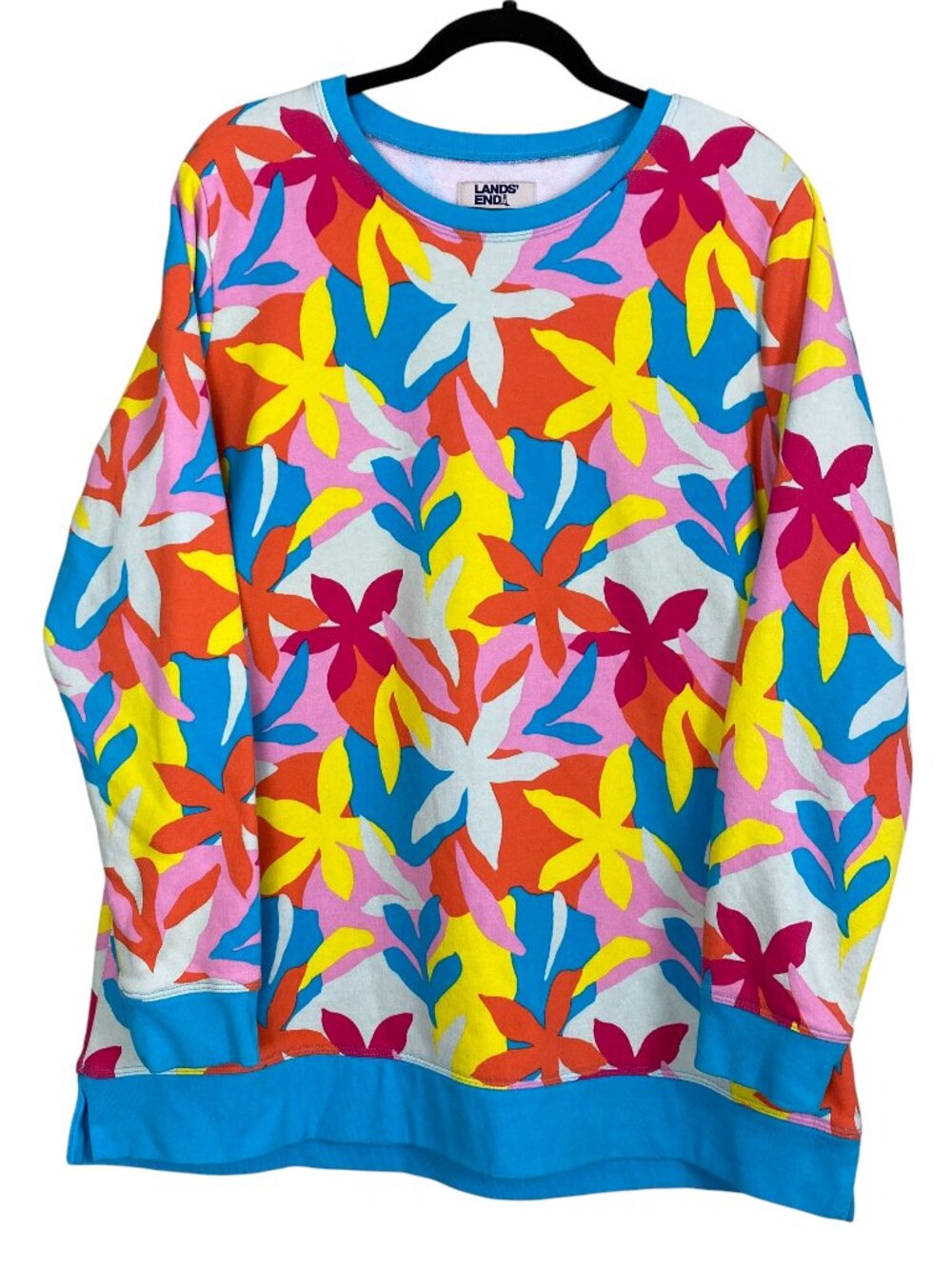 Lands End Serious Sweats Floral Crewneck Sweatshirt Bold Blue Pink Tropical-L